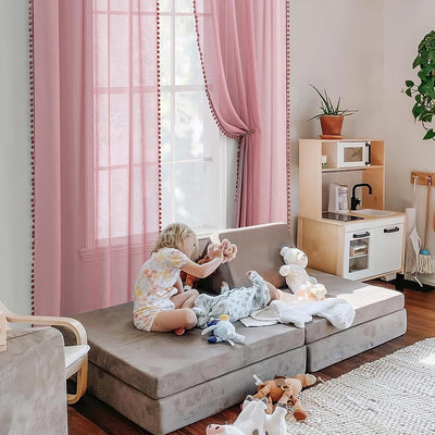 MIULEE Gardinen mit Pompons-Hübsche Altrosa Transparent Gardinen für Kinderzimmer Mädchen, 2 Stücke