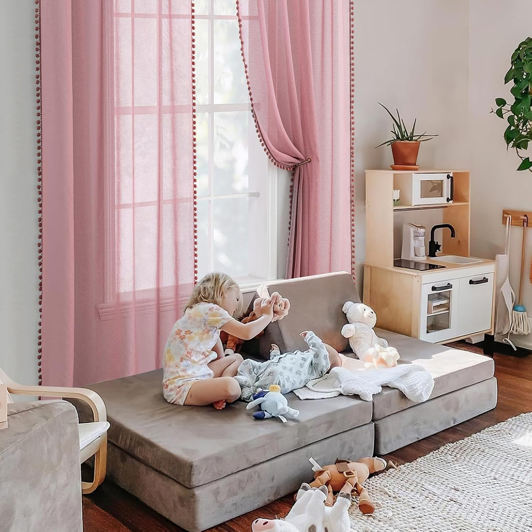 MIULEE Gardinen mit Pompons-Hübsche Altrosa Transparent Gardinen für Kinderzimmer Mädchen, 2 Stücke