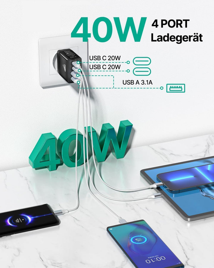 2-Pack USB C Ladegerät, 4-Port Adapter Mehrfach mit USB-C und USB-A, 40W Schnellladegerät PD 3.0 Cha