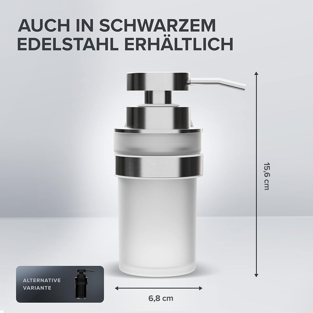 ovimar Seifenspender Kegnaes | Silber | Wandmontage ohne Bohren | aus Edelstahl und weissem Glas | e