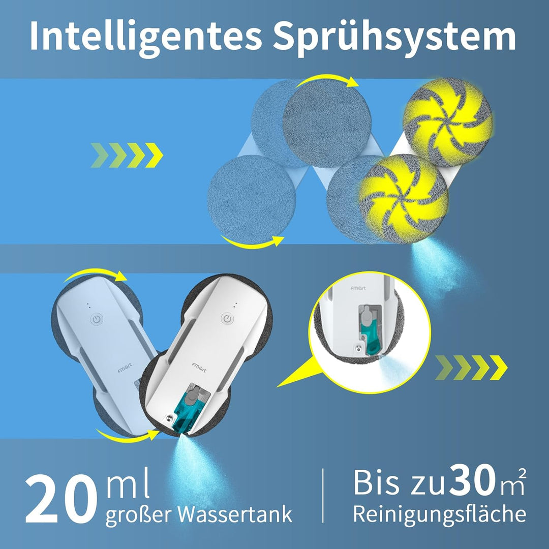 Fmart Fensterreiniger, fensterputzroboter mit Wasserstrahl, 3800pa Starke Saugkraft, mehrfacher Sich
