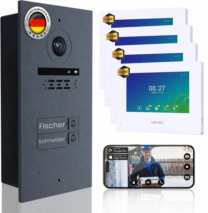 MATHFEL 2 Draht Video Fingerprint Türsprechanlage 2-Familienhaus Full HD 1080p mit 2 Jahren Garantie