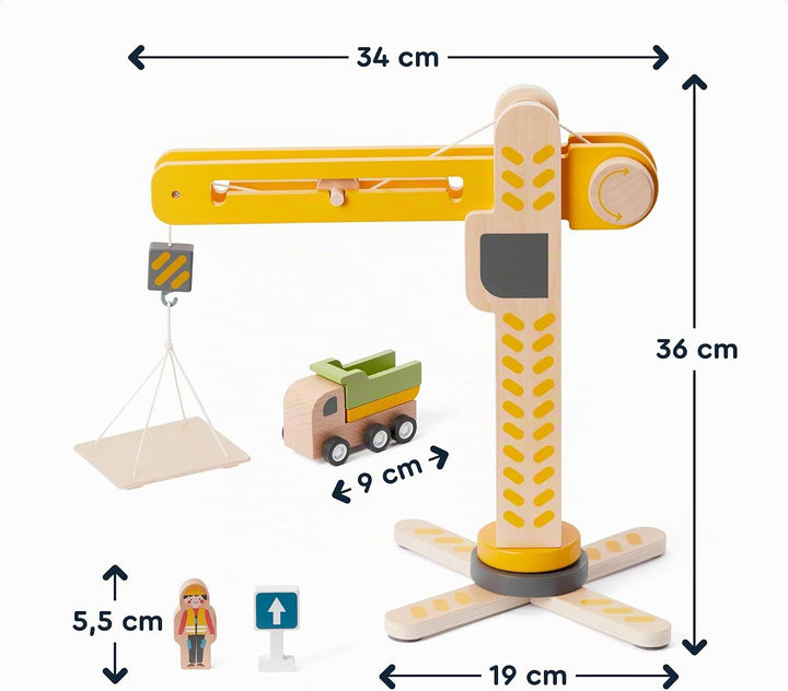 Holzspielzeug Baustelle mit Turmkran, Baufahrzeuge, Betonmischer, Ampel, Verkehrszeichen, Baustellen
