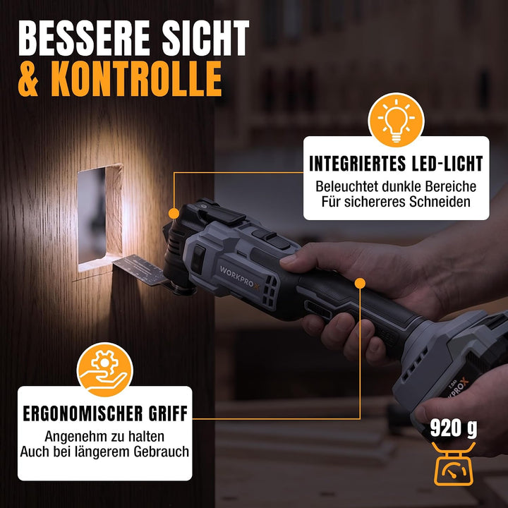 WORKPROX 20V Bürstenloser Oszillationswerkzeug Akku mit Tasche | 6 Einstellbare Geschwindigkeiten, M