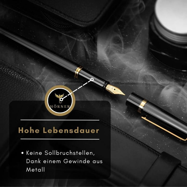 Hörner VECTRUM – Hochwertiger Füllfederhalter in Schwarz Gold | Luxus Design | Füller für Rechtshänd