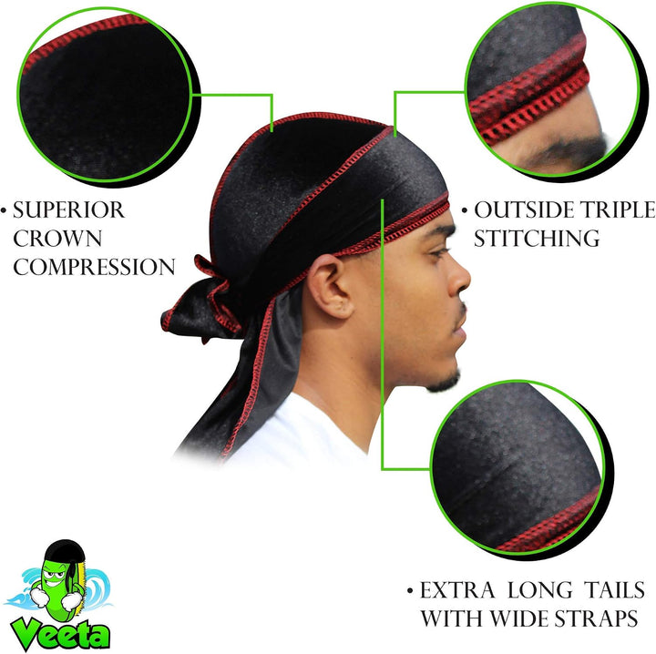 Veeta Superior Velvet Durag – Weiche Samt-Durags für Männer und Frauen, Lange, doppelt breite Träger