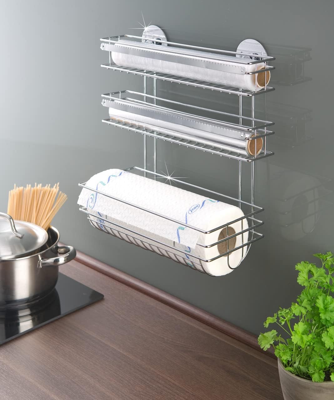 WENKO Turbo-Loc Küchenrollenhalter Trio - Befestigen ohne bohren, verchromtes Metall, 32.5 x 34 x 15