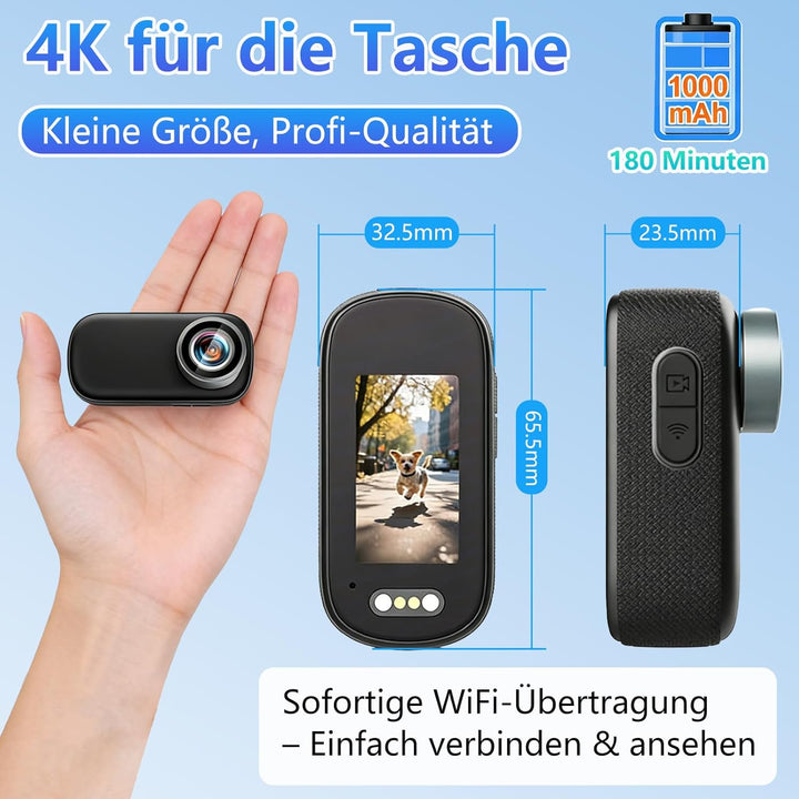 Mini Action Cam 4K WiFi mit Bildschirm und wasserfestes Gehäuse, UHD 150° Weitwinkel IP65 Bodycam, T