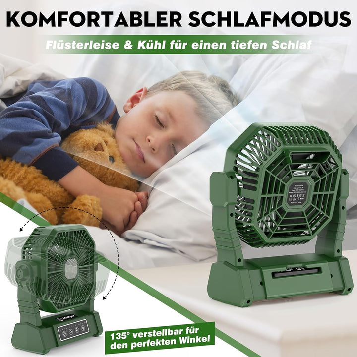 Multper Campingventilator mit LED-Licht, 10000 mAh Wiederaufladbarer Outdoor Zeltventilator mit Hake