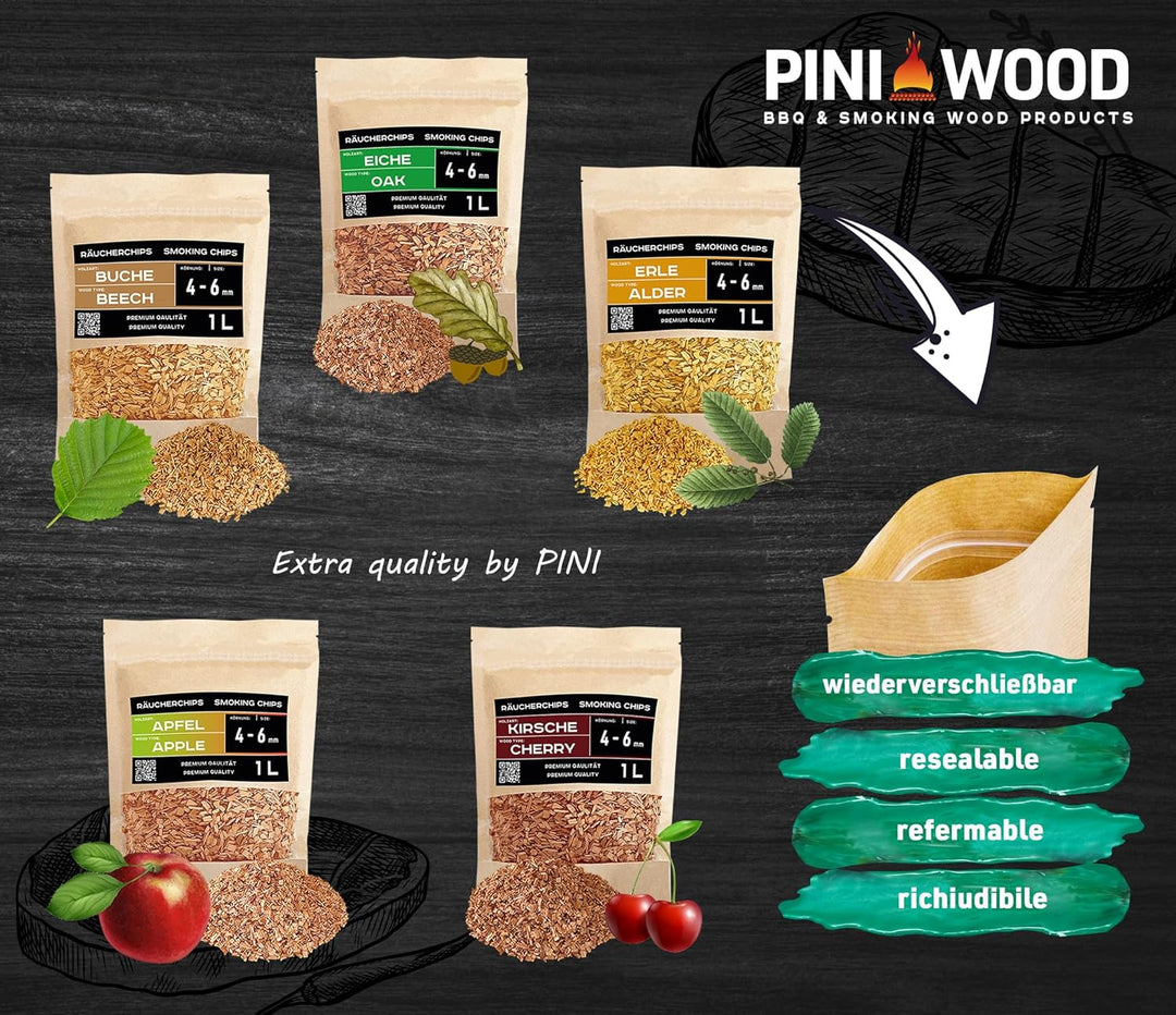 PINI Räucherchips Set 5x1 Liter Woodchips optimale Körnung 4-6 mm sortenreine Räucherspäne Buche Eic