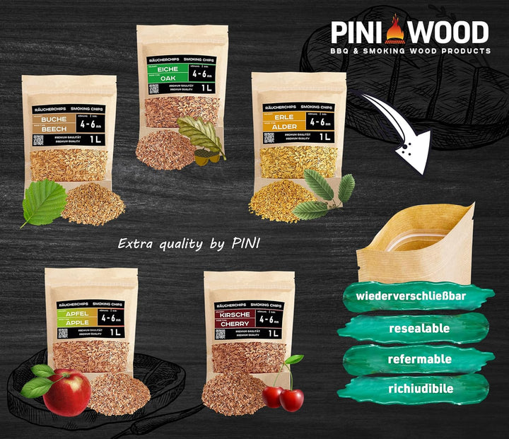 PINI Räucherchips Set 5x1 Liter Woodchips optimale Körnung 4-6 mm sortenreine Räucherspäne Buche Eic