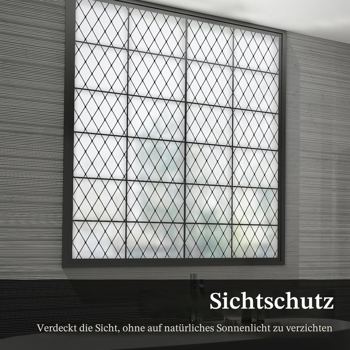 FEOMOS Fensterfolie Schwarze Gitter, Milchglasfolie Statisch Haftend Fensterfolie, Blickschutzfolie