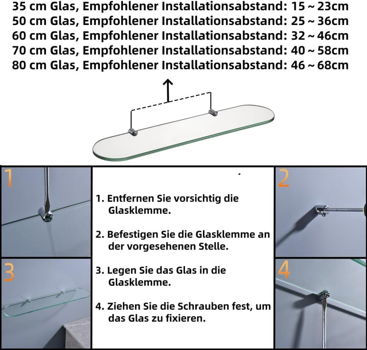 Glasregal Glasablage Wandregal Glas 8mm Hartglas,Klarglas + Chrom Glasklemme,Glas Regal für Badezimm