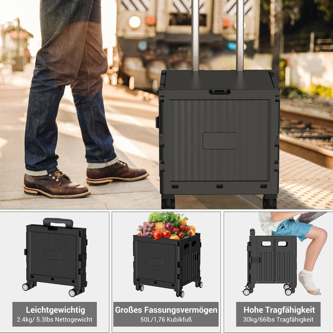 Einkaufstrolley klappbar, Einkaufswagen bis 30 kg, Transportbox mit 4 Rollen, Shopping Trolley Verst