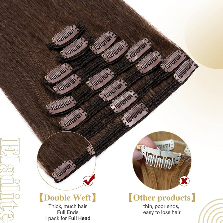 Elailite Extensions Echthaar Clip in 8 Tressen Voller Kopf #4 Mittel braun Haarverlängerung Real Hum
