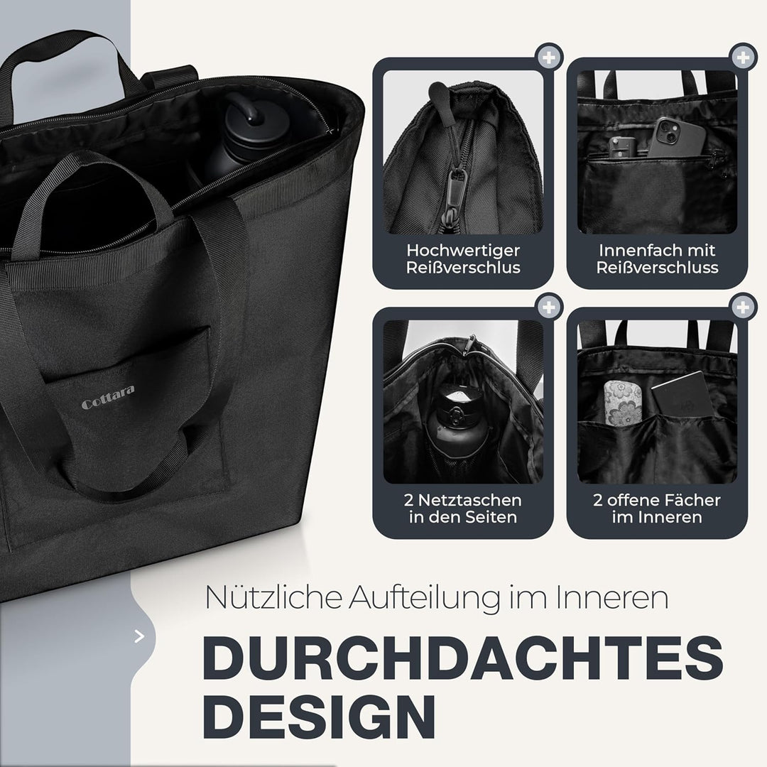 COTTARA® Einkaufstasche gross | Shopper mit Reissverschluss, verstärktem Boden und wasserabweisendem