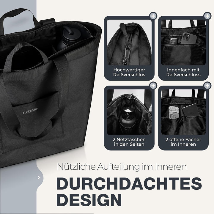 COTTARA® Einkaufstasche gross | Shopper mit Reissverschluss, verstärktem Boden und wasserabweisendem