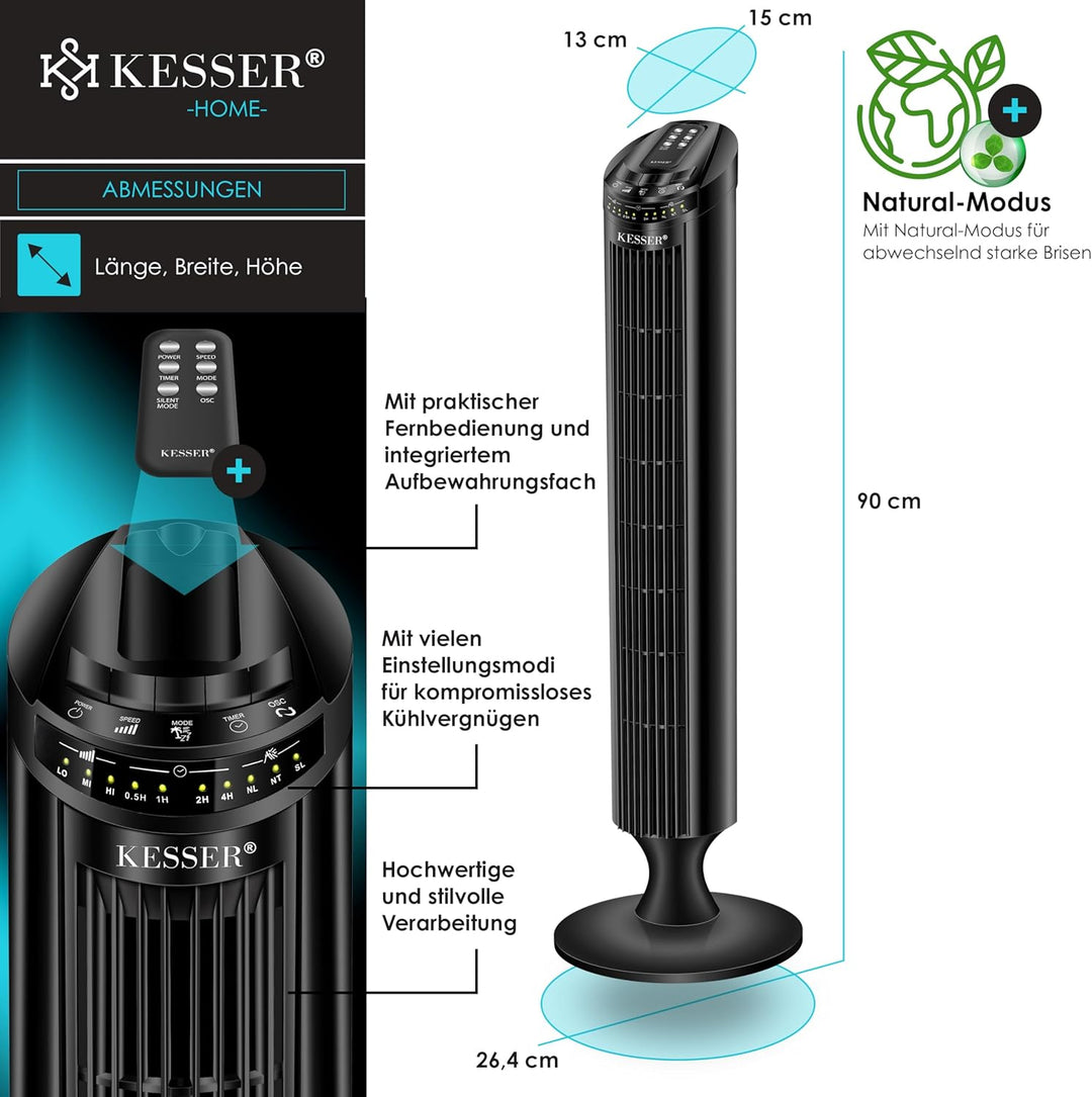KESSER® Turmventilator mit Fernbedienung | 90° Oszillationswinkel | 3 Stufen | 90 cm |+ Timerfunktio