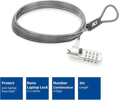 ACT Laptop Schloss Sicherheitskabel 2m, Passwort Schutz 4 Digit Zahlenschloss, Nano Slot Notebook Sc