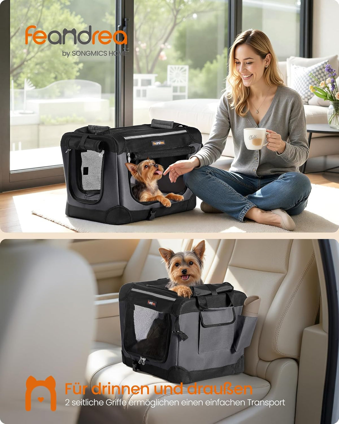 Feandrea Hundebox faltbar, 50 cm Transportbox für kleine Hunde, Hundetasche, Oxford-Gewebe, mit 4 Tü