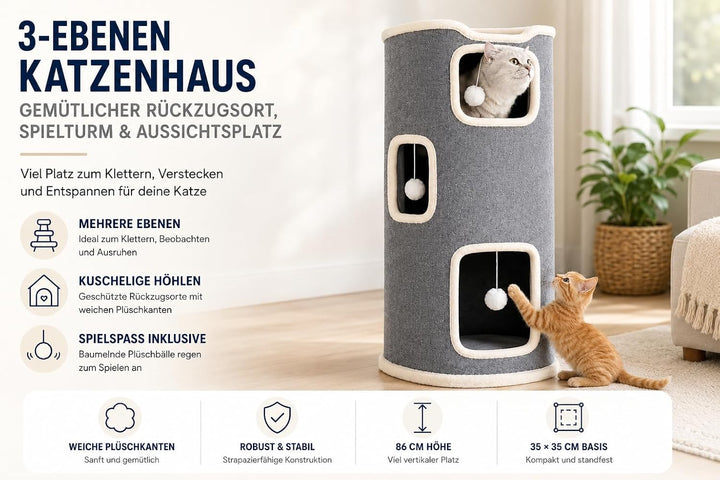 Katzenturm Kratztonne 3 Ebenen Kratzbaum 86cm hoch mit Spielbällen Kuschelhöhle Grau Gross Katzenhau