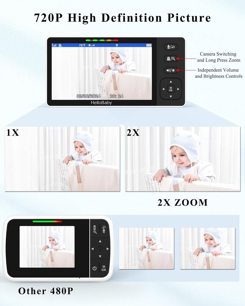 HelloBaby Babyphone mit Kamera, 5,5 Zoll Geteilter 720P Bildschirm,ohne WLAN, 320° Schwenken-120° Ne