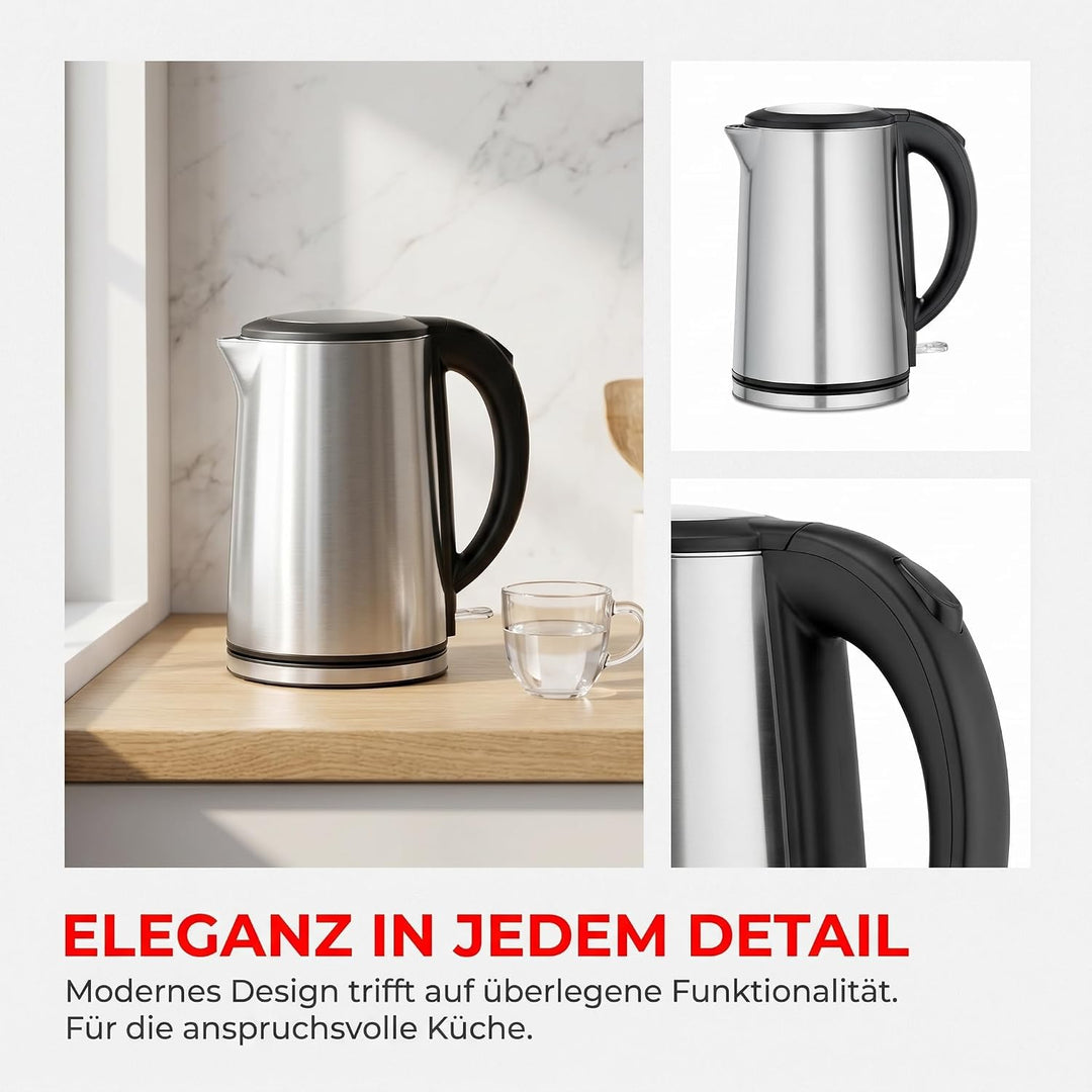 Trisa Wasserkocher Edelstahl 1,5L Silber, Doppelwandig und Cool-Touch,Strix, Silber