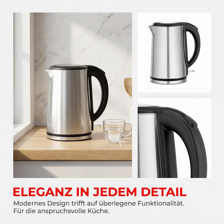Trisa Wasserkocher Edelstahl 1,5L Silber, Doppelwandig und Cool-Touch,Strix, Silber