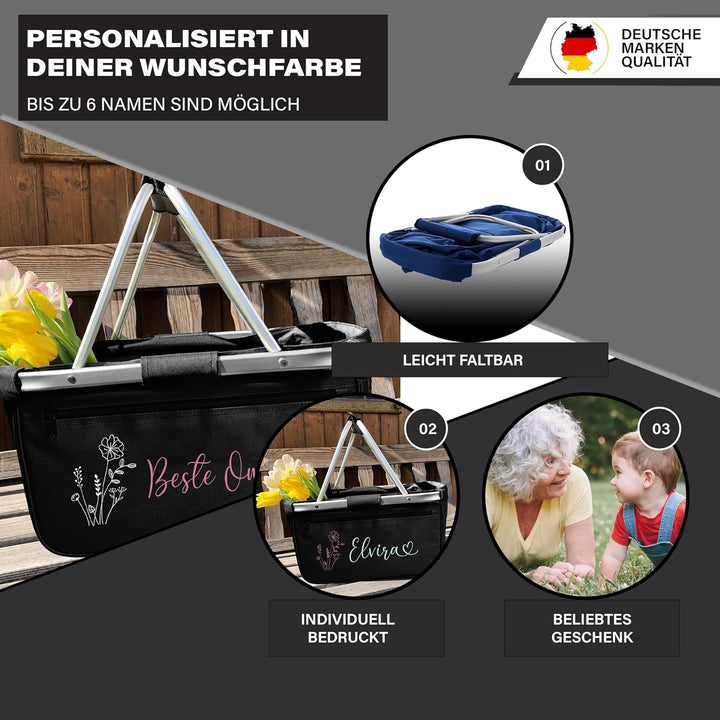 Personalisierter Einkaufskorb I Geschenk für Frauen & Oma I Faltbar mit Name & Blumenmotiv I Geschen