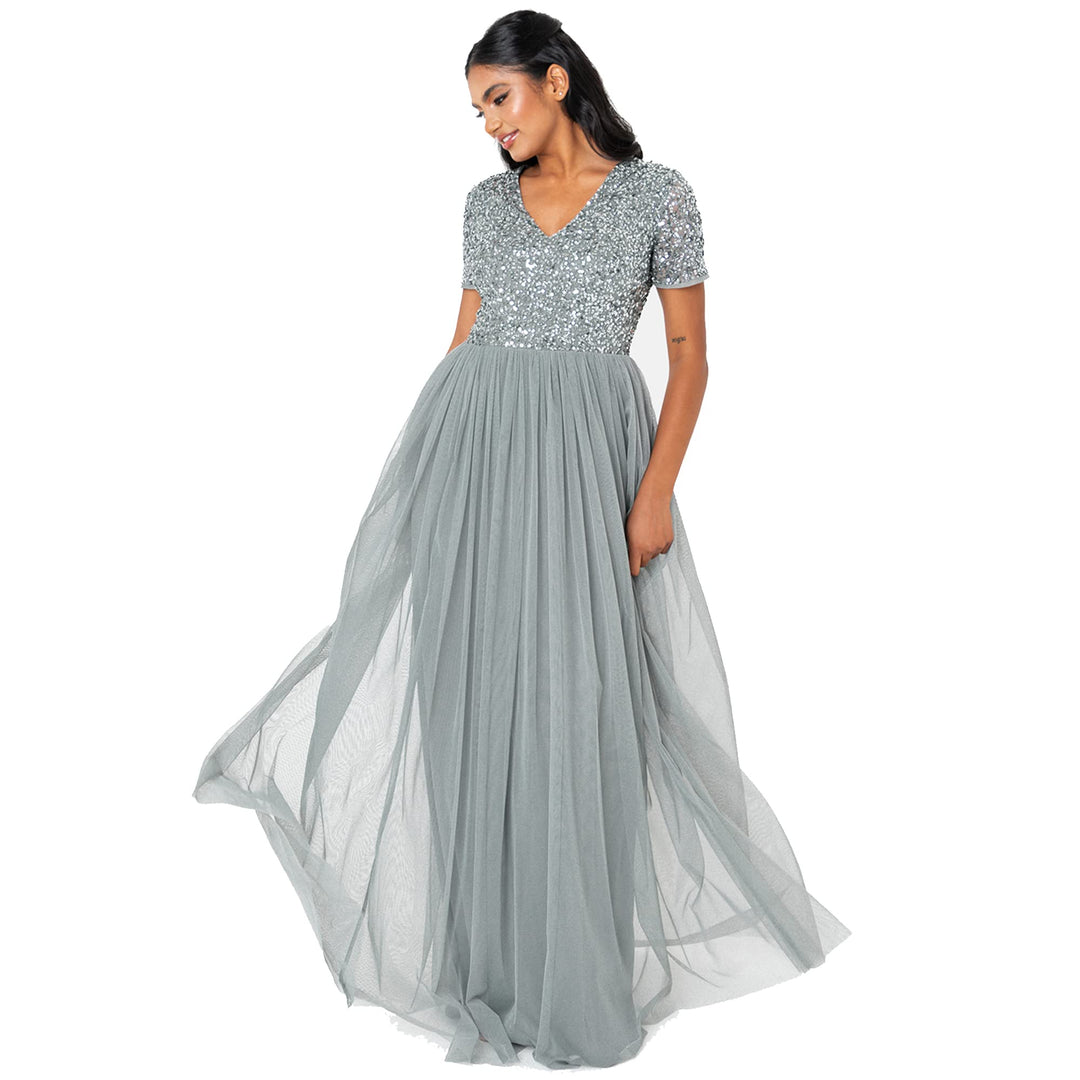 Maya Deluxe Damen Maya Deluxe V Neckline Embellished Maxi Bridesmaid Dress, Misty Green, 42 EU