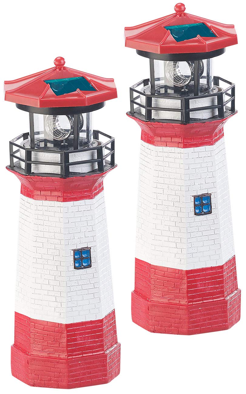 Lunartec Leuchtturm Deko Garten: 2er-Set Solar-Deko-Leuchttürme mit LED-Licht & drehendem Reflektor