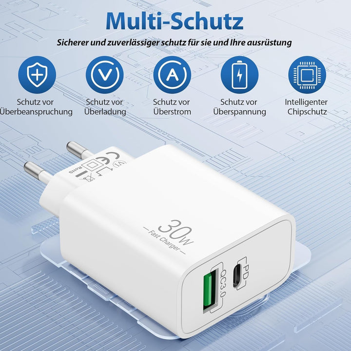 ARCCRA 30W 2-Port Schnellladegerät + 3M Lang Ladekabel für iPhone 14 13 12 11 Pro Max Plus, iPhone X