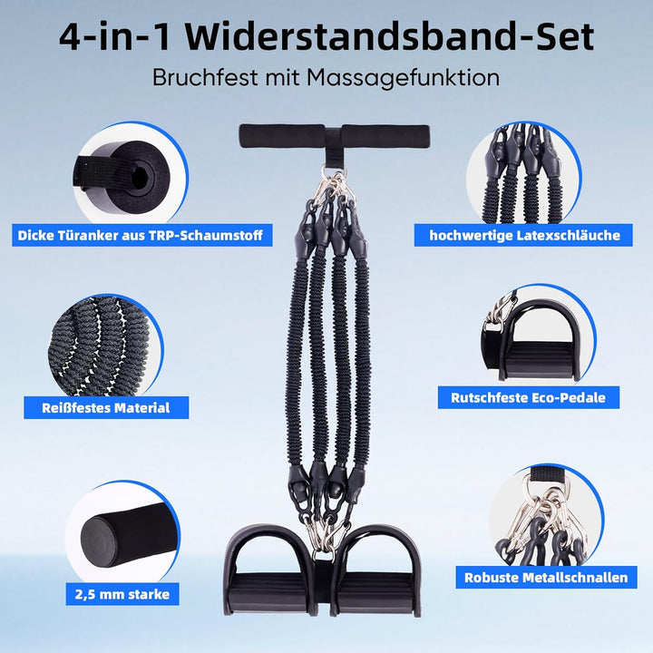 Sit-Up Trainingsgeräte, 45kg Bauchtrainer mit Gummigriffen und 6 Tubes Elastische Zugseil, Einstellb