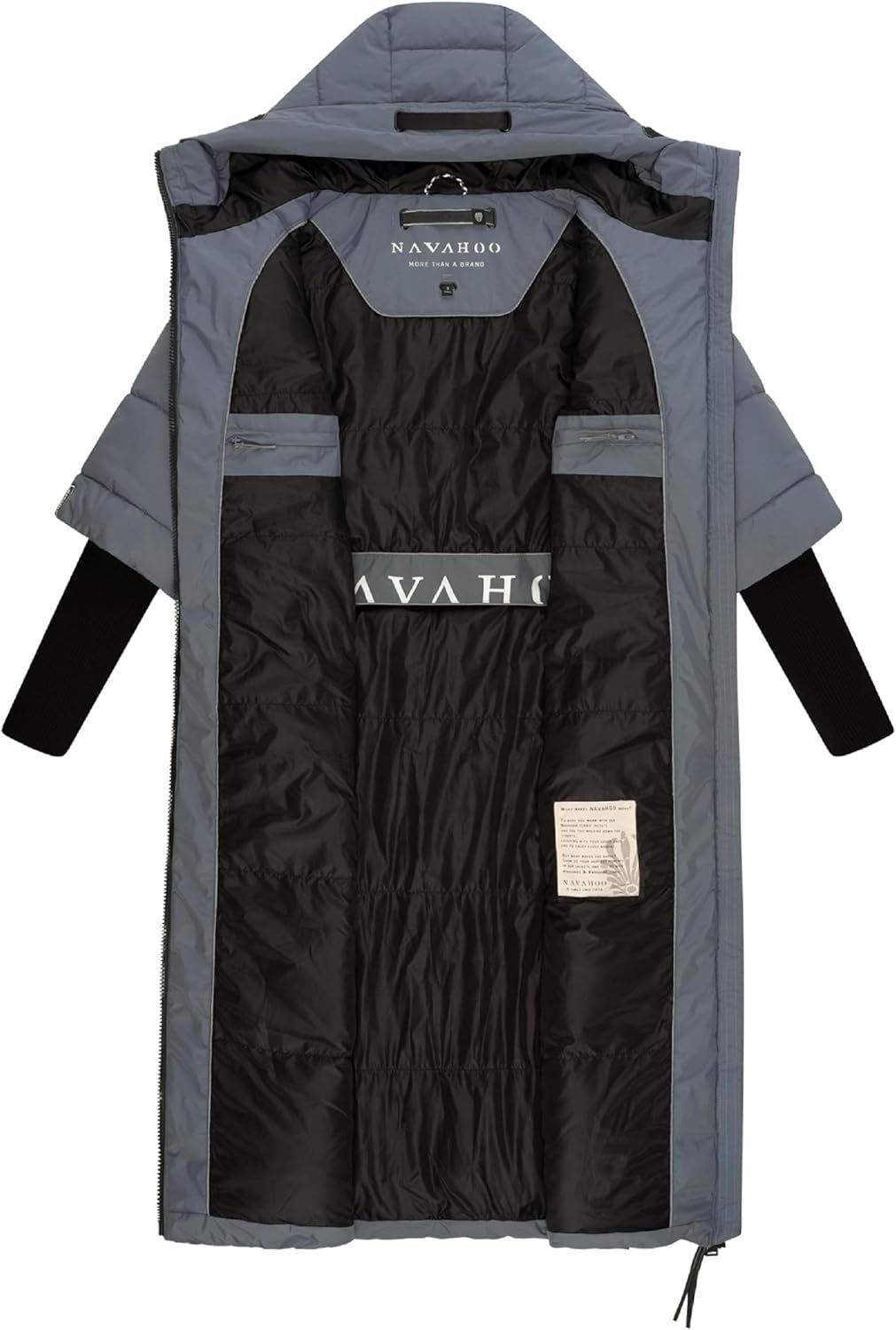 Navahoo Damen Wintermantel Warmer Steppmantel lang mit Kapuze und Rippstrickärmeln Ciao MIAU XIV XS-