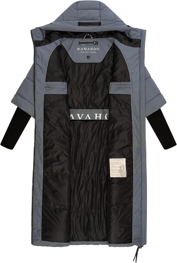 Navahoo Damen Wintermantel Warmer Steppmantel lang mit Kapuze und Rippstrickärmeln Ciao MIAU XIV XS-