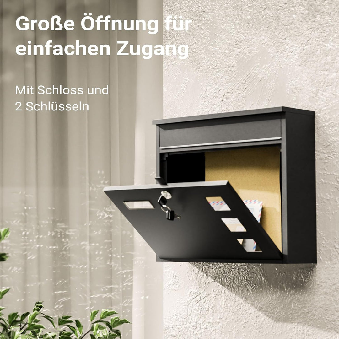 Wiltec Briefkasten V12 schwarz 360 x 115 x 315 mm, Wandbriefkasten mit Schloss, Sichtfenstern und Na