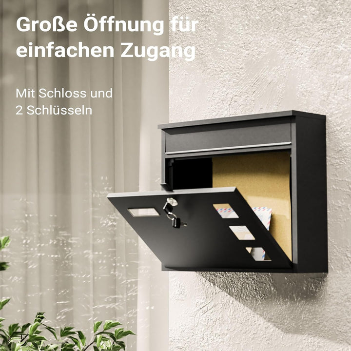 Wiltec Briefkasten V12 schwarz 360 x 115 x 315 mm, Wandbriefkasten mit Schloss, Sichtfenstern und Na
