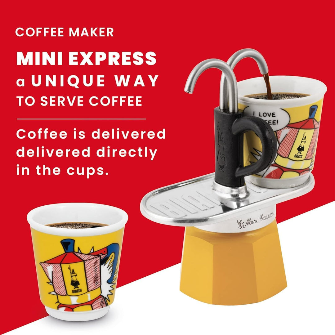 Bialetti Mini Express Farbe Gelb, Espressokocher + 2 Gläser