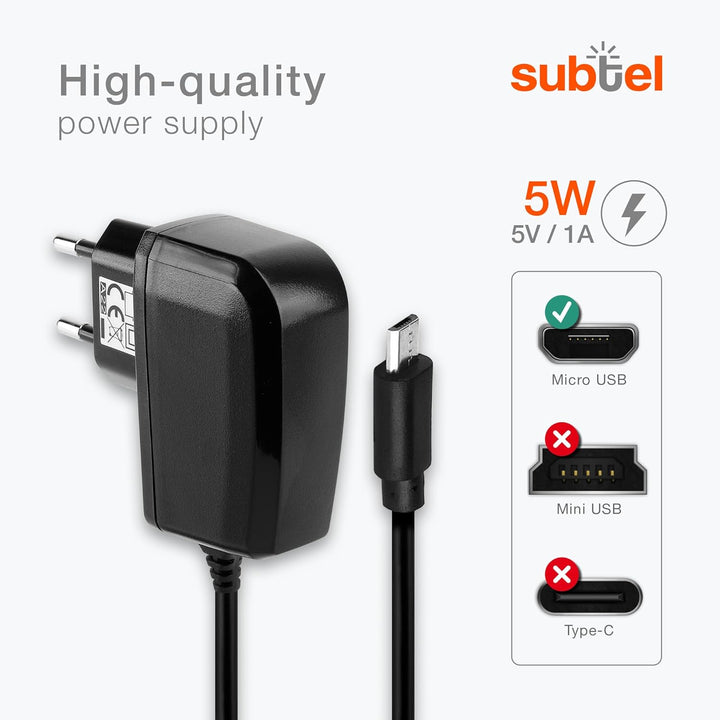 subtel Micro USB Ladegerät - 1A / 1000mA Ersatz Ladekabel kompatibel mit Sony SRS-XB31, SRS-XB10, SR