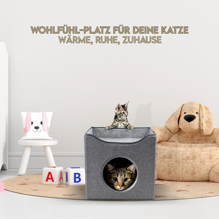 Hausleben Stilvolles Katzenhaus Grau – 40×38×40 cm – inkl. 2 Matratzen & Liegefläche auf dem Dach –