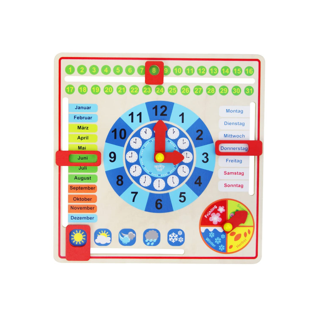 Tooky Toy Holz Jahresuhr für Kinder - Lernuhr - Kalenderuhr - Lerntaffel - Uhr, Wochentage, Monate,
