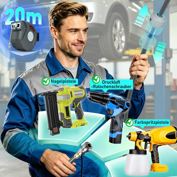Druckluftschlauchtrommel 20m, Schlauchaufroller Druckluft mit 1/4 Zoll Schnellkupplung,max. Druck:18