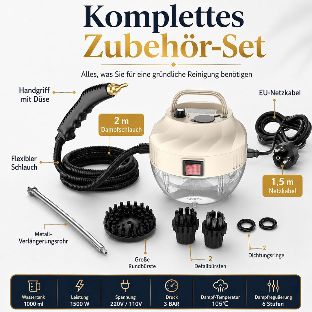 Dampfreiniger Handgerät, 15 Sekunden Aufheizzeit, 1L Wassertank, 1500W & 6 Geschwindigkeitsstufen, S
