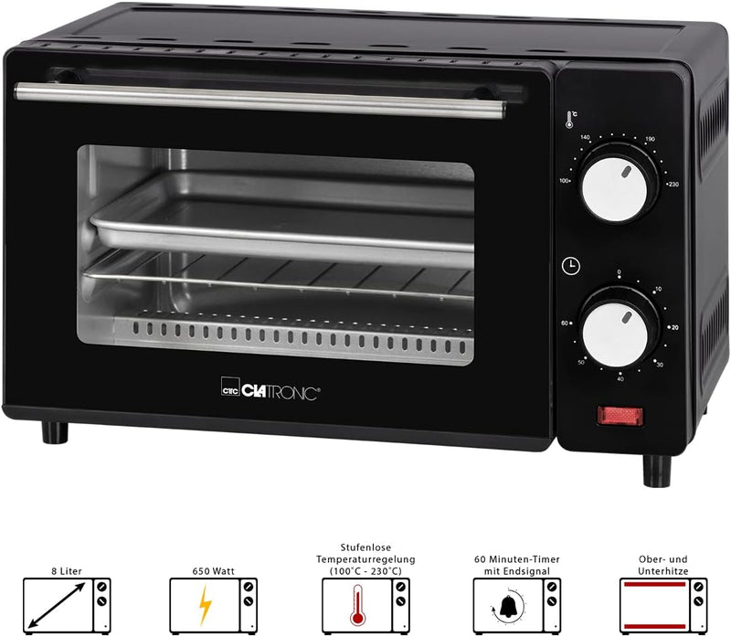 Clatronic MB 3746 Minibackofen, 8 Liter Backraum, Ober- und Unterhitze, 60 Minuten-Timer mit Endsign