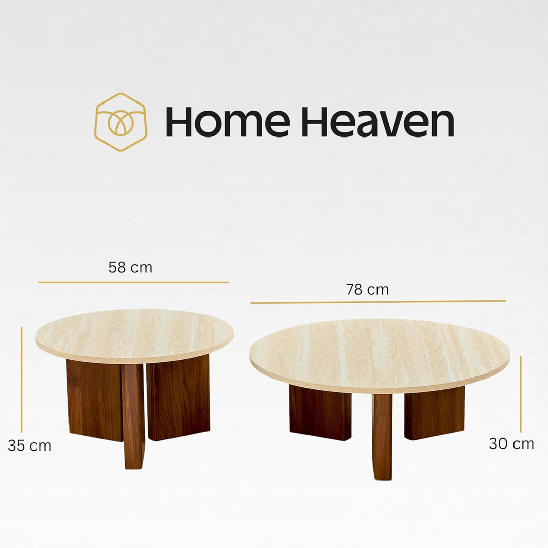 Home-Heaven® Couchtisch Rund Travertin mit Braun Holz – Set von 2 Ø76 cm & Ø58 cm, Travertin