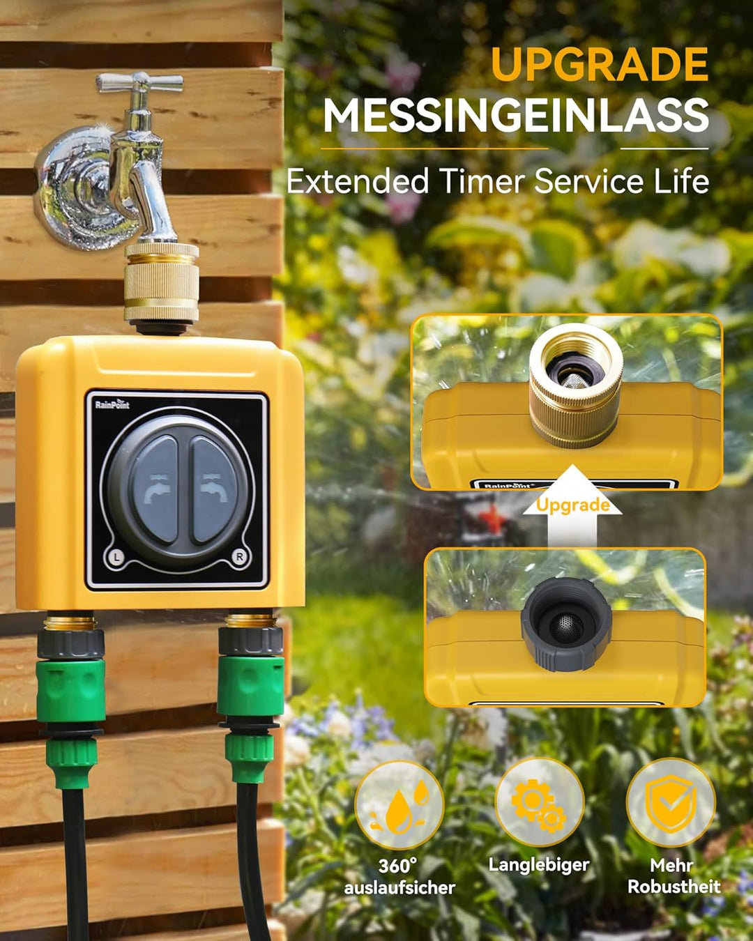 RAINPOINT Bewässerungscomputer WLAN 2 Ausgänge mit Messingeinlass und -auslass,Zeitschalter mit Rege
