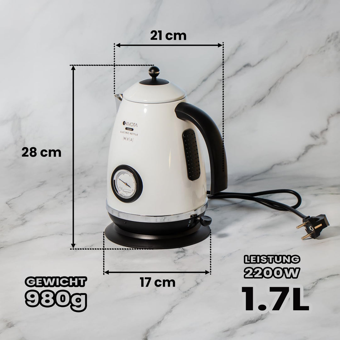 Elektrischer Wasserkocher 1,7 L im Retro-Style, Edelstahl, mit analoger Temperaturanzeige, max. 2200
