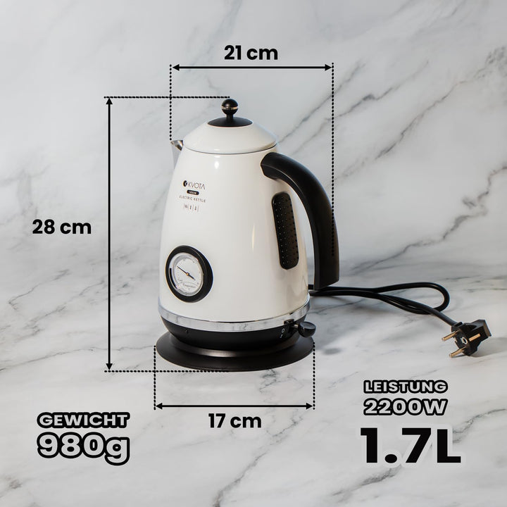 Elektrischer Wasserkocher 1,7 L im Retro-Style, Edelstahl, mit analoger Temperaturanzeige, max. 2200