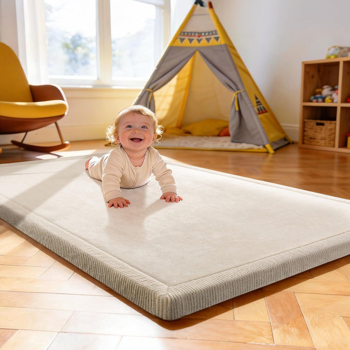 Treeboy Spielmatte Baby 80x150x3cm beige – Teppich für Kinderzimmer mit hochwertigem Memory-Schaum –