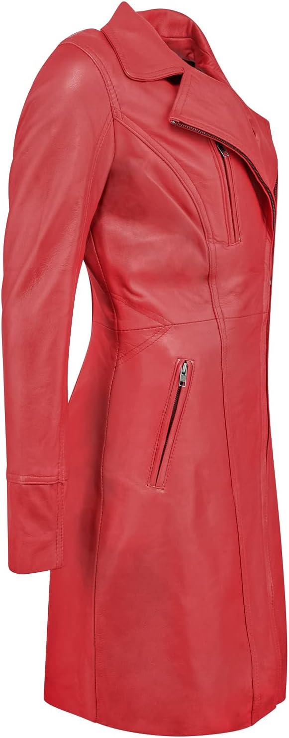 URBAN 5884 Damen Janice Frauen Lederjacke | Elegante Jacke aus weichem Lammfell, Langes Modell S Rot